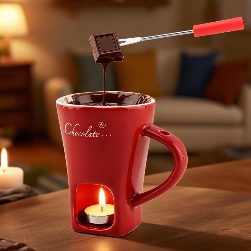 WeiLingBo Chocolate Fondue Cup,Chocolate Fondue Mug with Fork and Candle,Ceramic Chocolate Melting Cup for Birthday Date Night Birthday Wedding Gifts (11.5 * 5.5 * 8.5cm,COLOR:Red) - Image 3